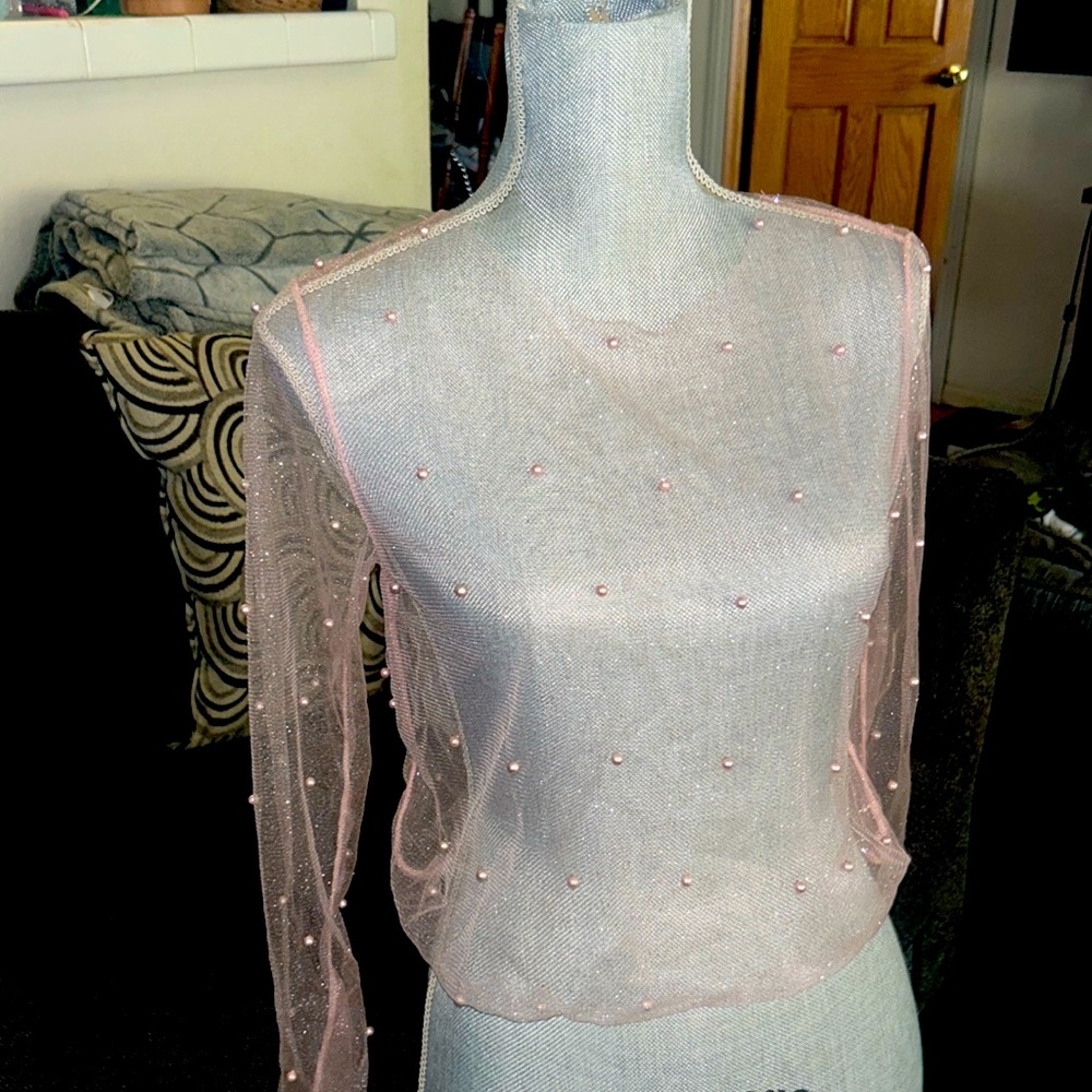 Thirty / Thirty New Pink Glitter Sheer Mesh Pearl Embellished Crop Top Large NWT